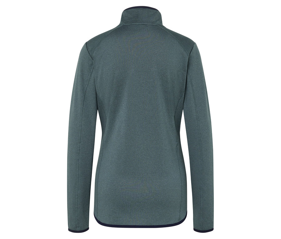 Pohľad zozadu na zelenú fleecovú bundu so zipsom po celej dĺžke.