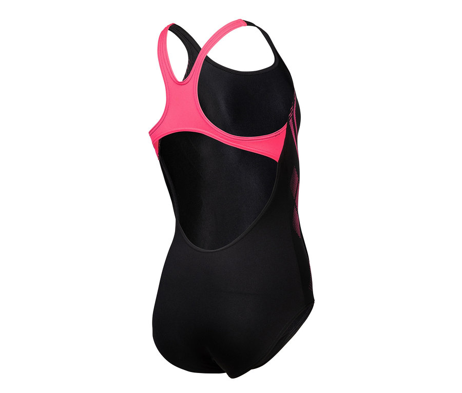 Čierne detské plavky arena Performance Poseidonia Swim Pro Back s ružovými detailmi.
