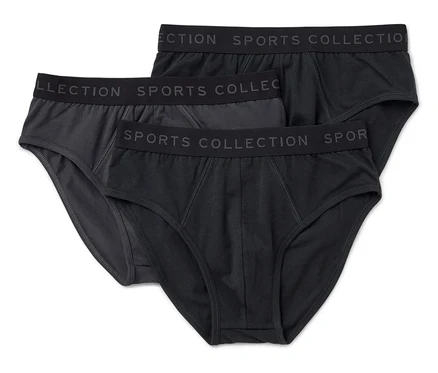 Troje pánskych slipov, jedny sivé a dvoje čierne, ležia na sebe. V páse majú nápis SPORTS COLLECTION.