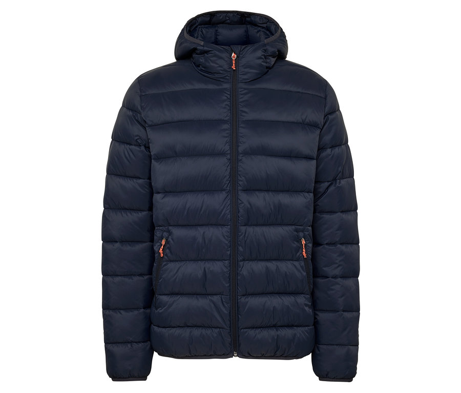 Tmavo modrá prešívaná bunda s kapucňou a oranžovými detailmi na zipse.