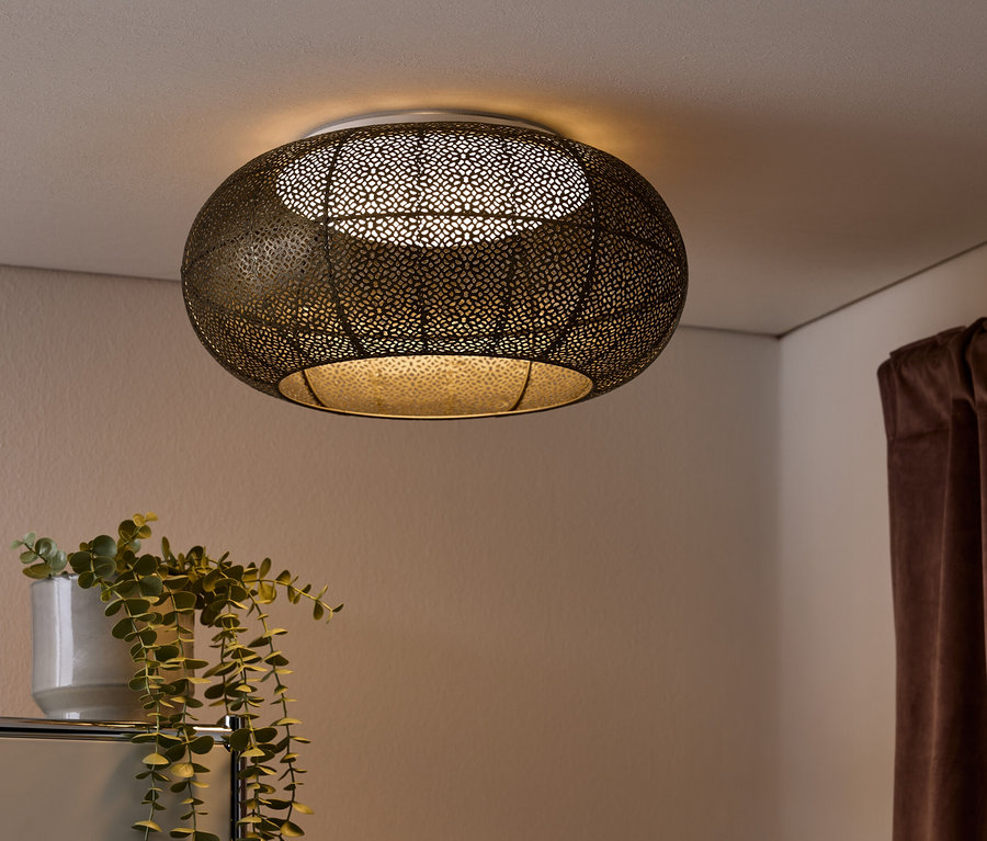 Detail interiéru s ozdobným stropným svietidlom, knihami a rastlinou v kvetináči.