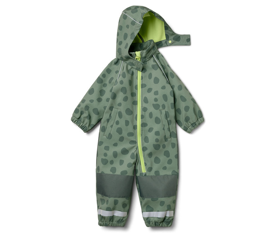 Zelená kombinéza s kapucňou a tmavozelenými bodkami, žltým zipsom a svetlozelenou vnútornou stranou kapucne.