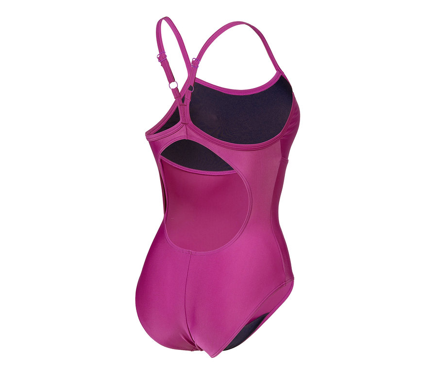 Detailný pohľad zozadu na dámske jednodielne plavky arena Feel Solid Lightdrop Back s vystuženými košíčkami, PURPUROVÉ.