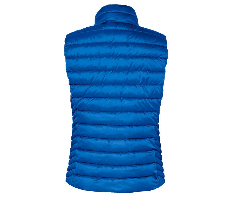Pohľad zozadu na modrú prešívanú vestu.