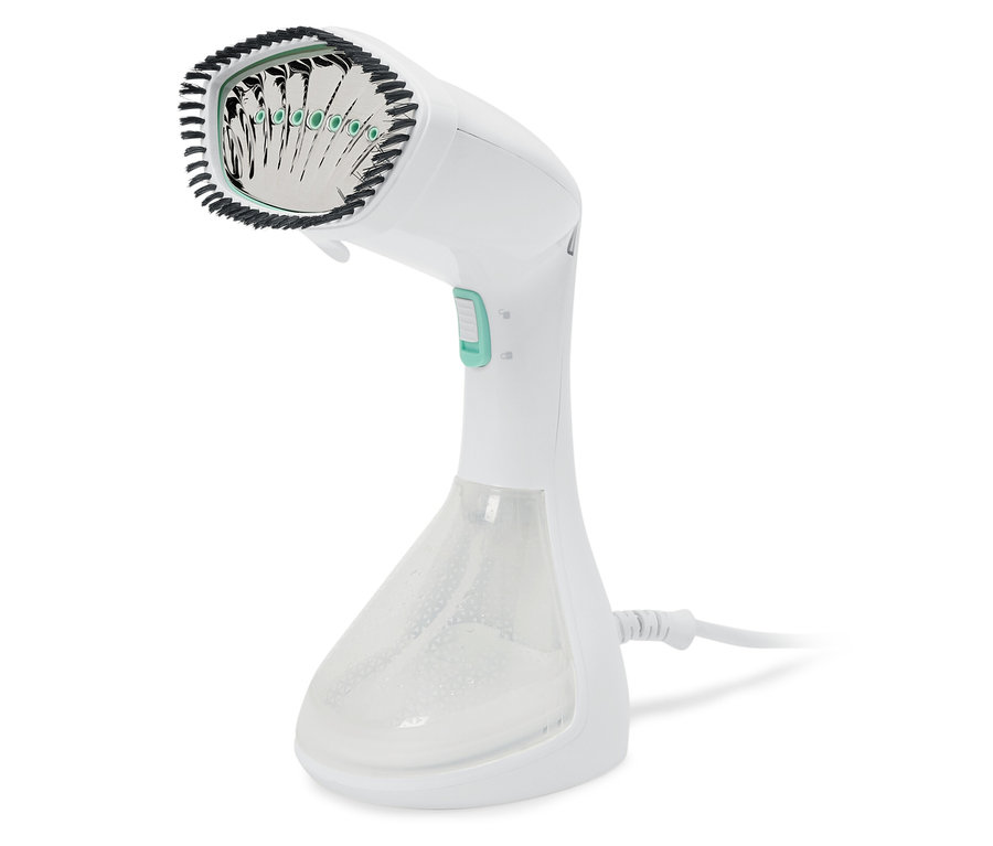 Biely ručný naparovač odevov s priehľadnou nádržkou na vodu.