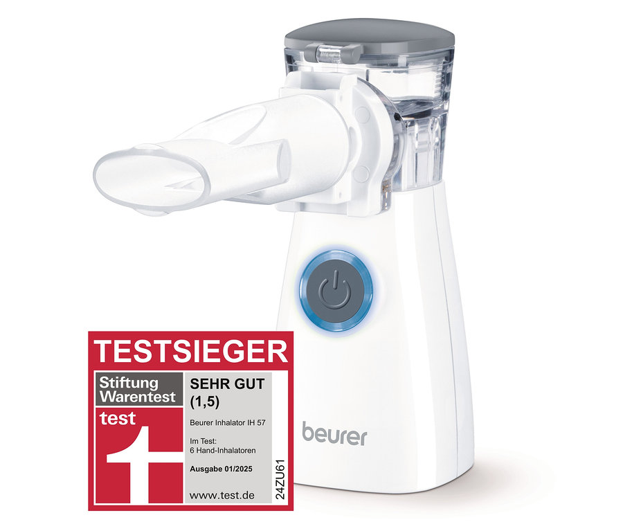 Biely inhalátor Beurer IH 57 so sivým vrchnákom a modrým tlačidlom. Na ľavej strane je nálepka „Testsieger“.
