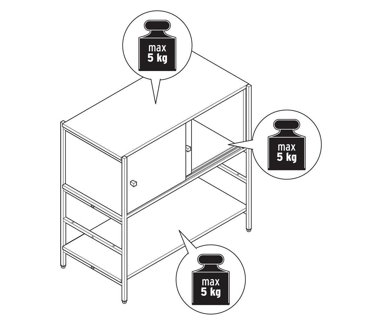 Pohľad zhora na detskú komodu »GRADE« s posuvnými dverami vo vzhľade dreva a sivej farbe, s informáciami o maximálnej hmotnosti.