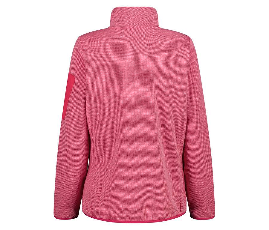 Pohľad zozadu na ružovú fleecovú bundu s vysokým golierom a zipsom.