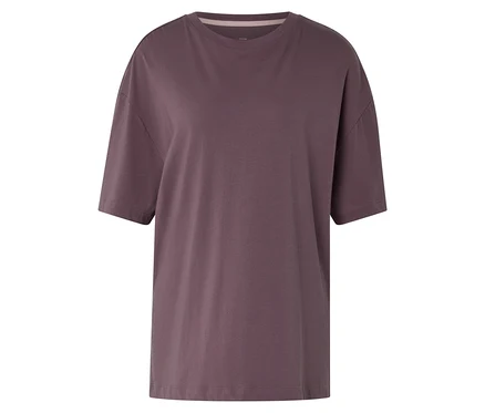 Mauve športové tričko s krátkymi rukávmi, okrúhlym výstrihom a voľným strihom.