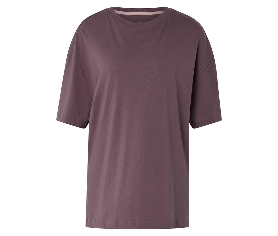 Mauve športové tričko s krátkymi rukávmi, okrúhlym výstrihom a voľným strihom.