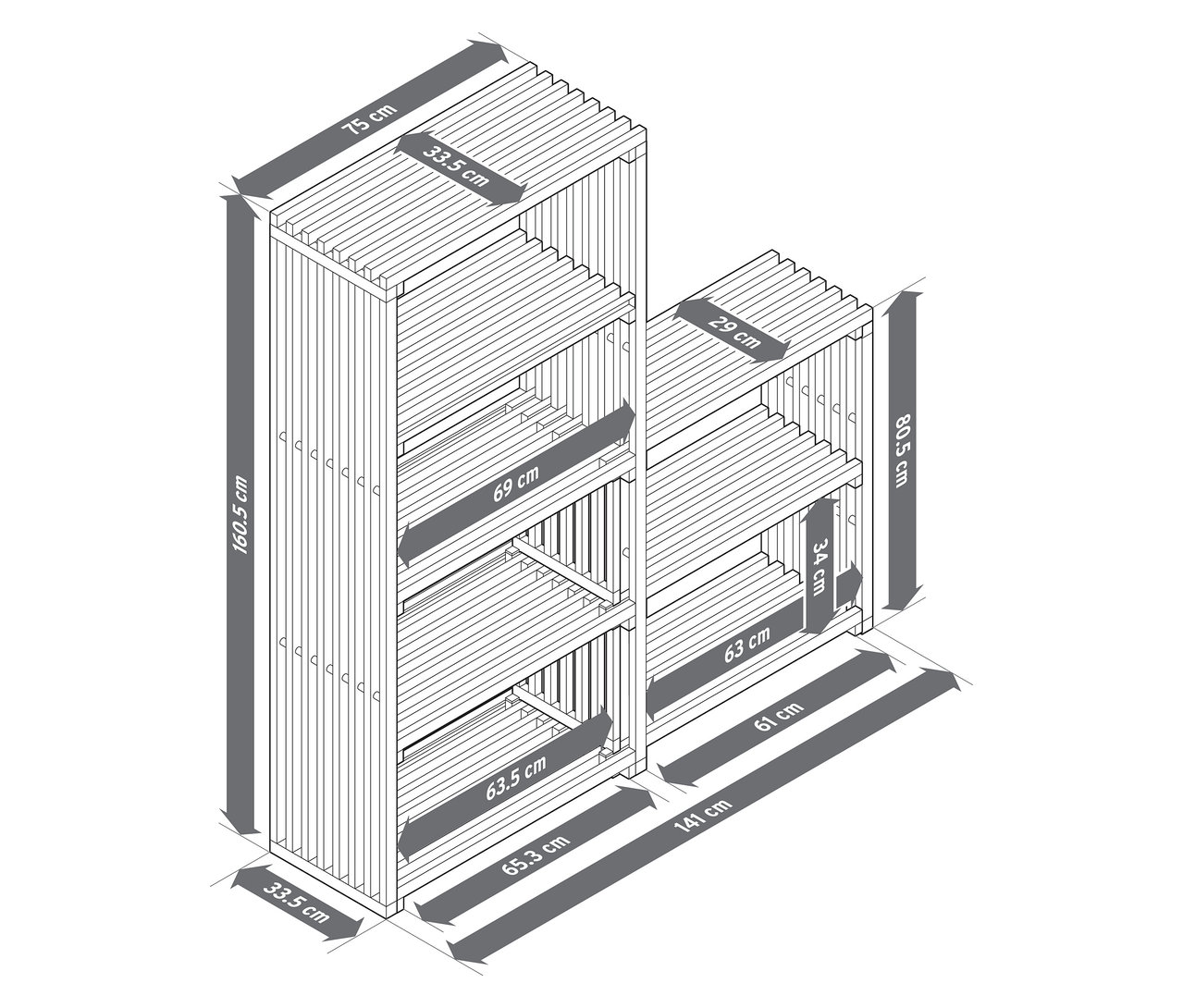 Pohľad zhora na výsuvný regál "FLEKSIBEL" s rozmermi.
