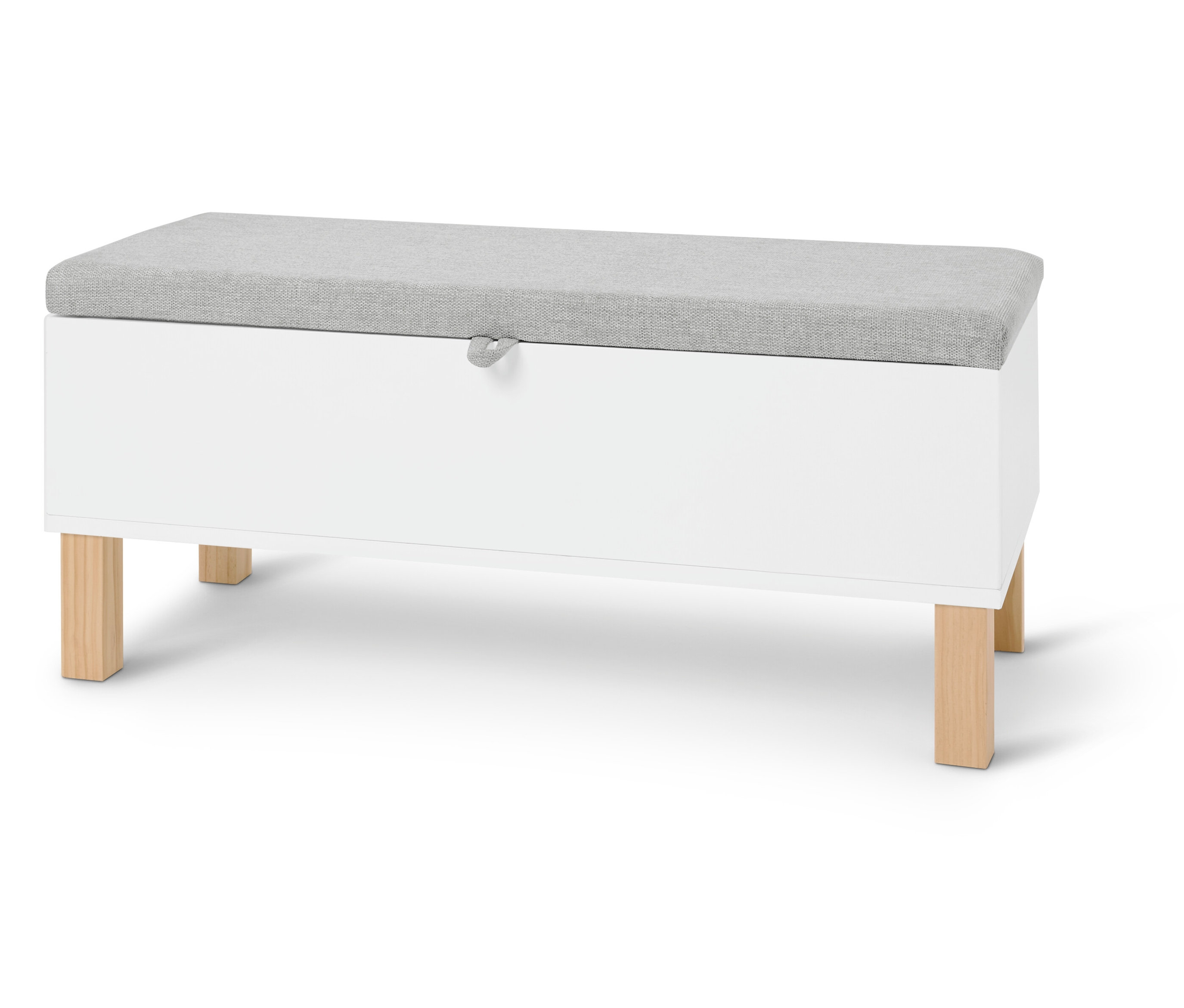 Biela truhlicová lavica so svetlosivým vankúšom na svetlom pozadí.