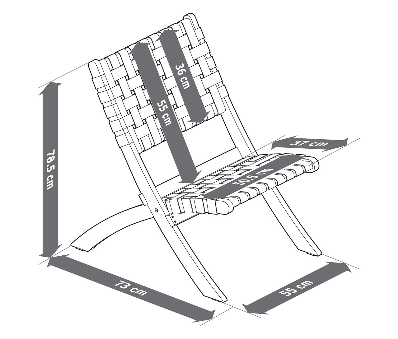 Pohľad zhora na náčrt stoličky s rozmermi šírky a výšky.