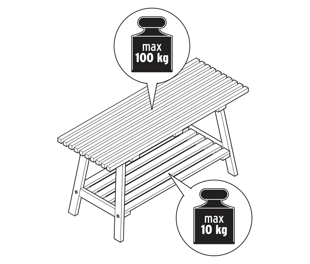 Ilustrácia lavice »HOLT« z bambusu s lamelovými prvkami, maximálna nosnosť hore 100 kg, dole 10 kg.