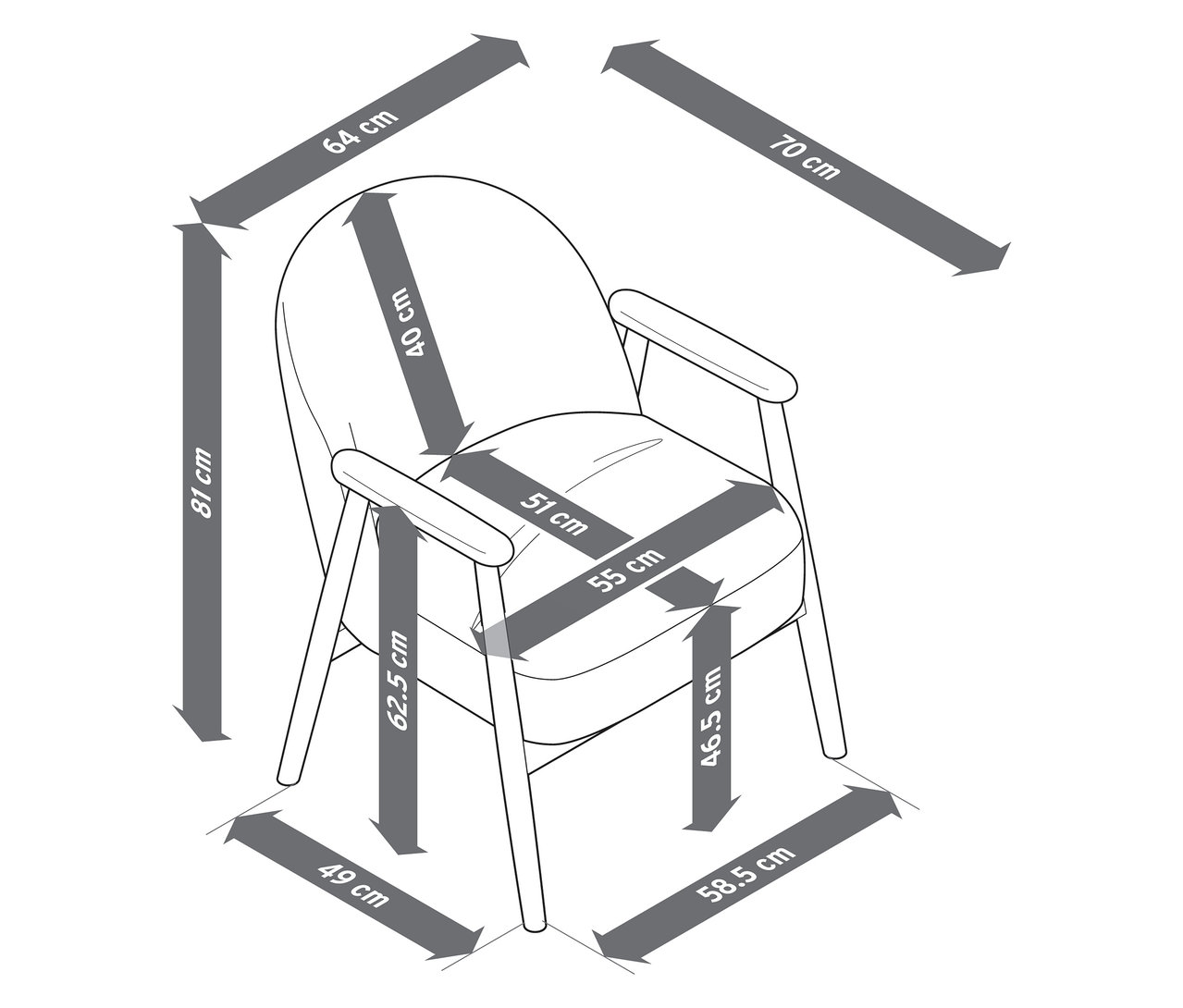 Rozmery kresla s opierkami rúk a drevenou konštrukciou.