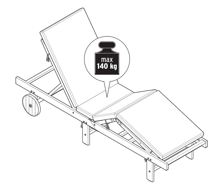 Klasické záhradné ležadlo s upozornením na maximálnu hmotnosť 140 kg.