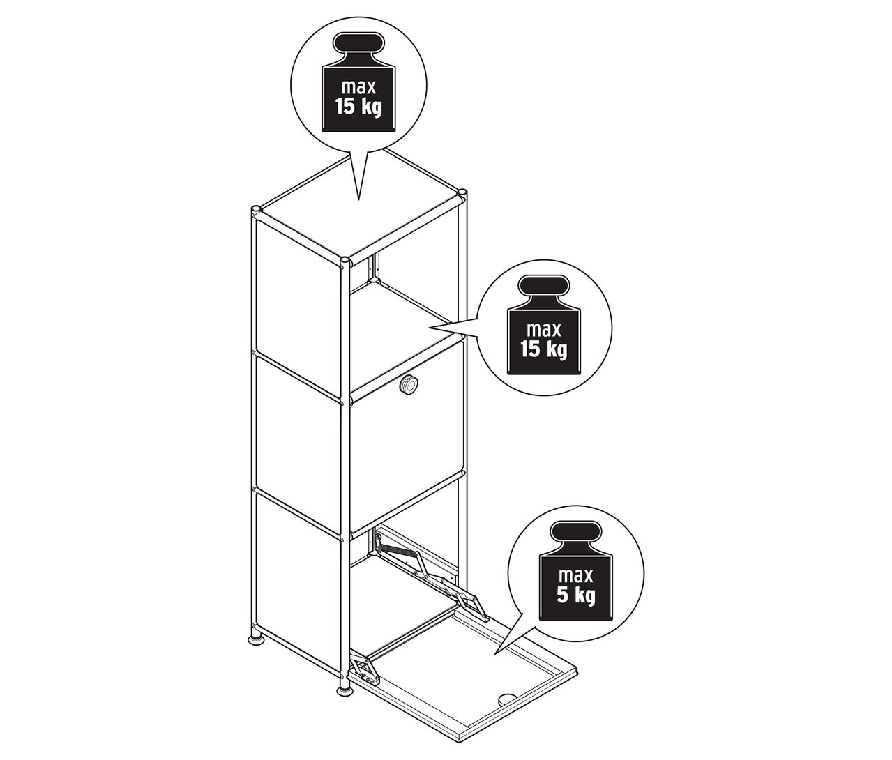 Pohľad zhora na kovovú komodu »CN3 Slim Line« s dvomi výklopnými priehradkami, z ktorých je jedna otvorená. Prípustná maximálna hmotnosť 15 kg pre horné priehradky a 5 kg pre spodnú priehradku.