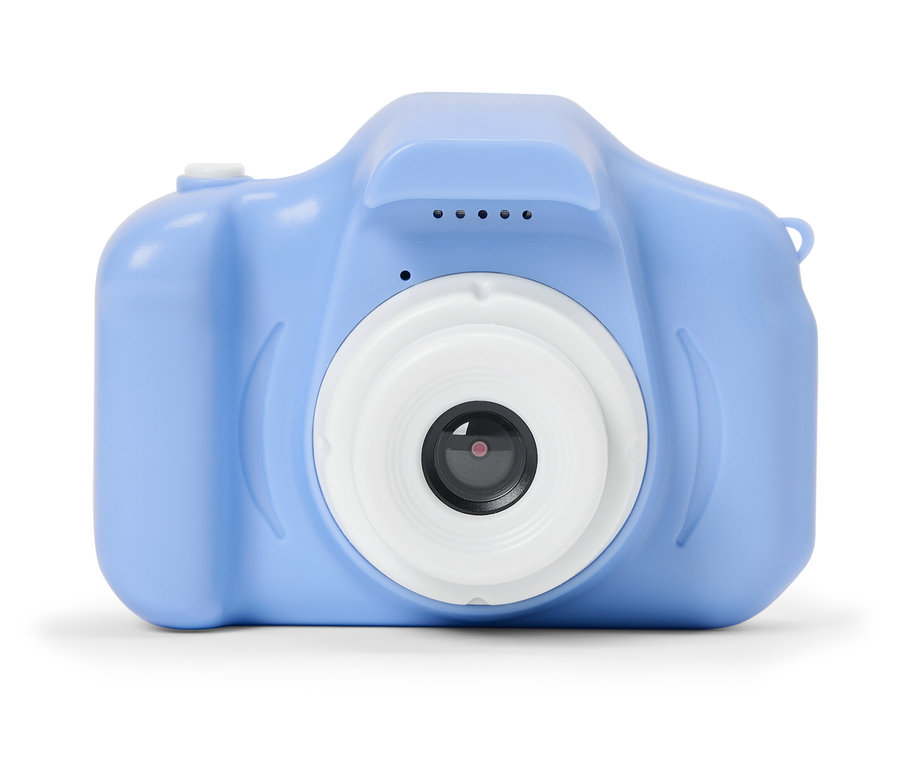 Modrý digitálny fotoaparát s bielym objektívom