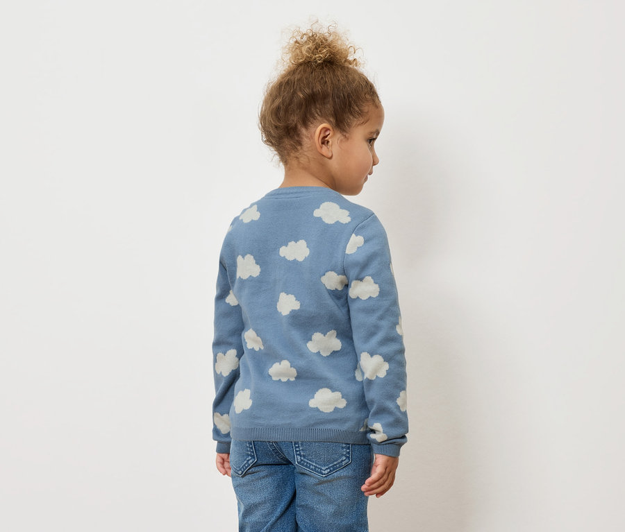 Dieťa zozadu, má na sebe modrý sveter s obláčikovým vzorom a džínsy.