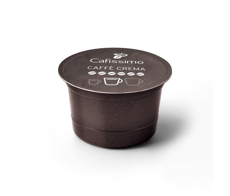 Tmavohnedá kapsula Cafissimo Caffè Crema silná s bielym nápisom a indikátorom intenzity na viečku.