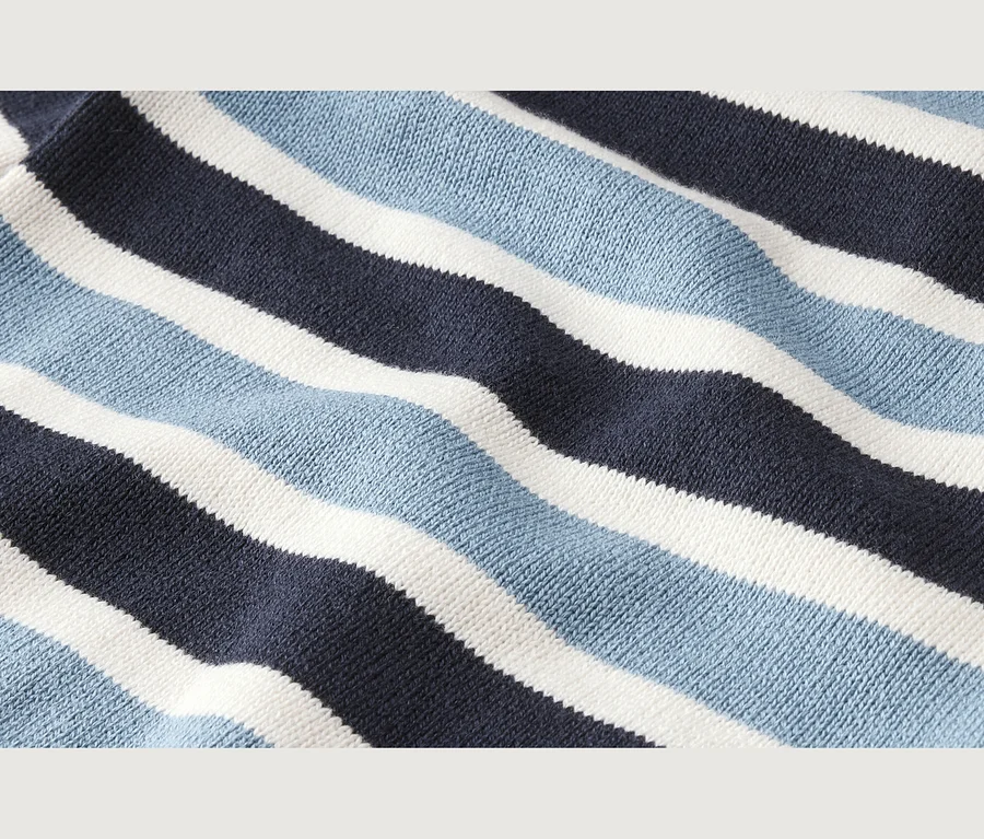Detail pletenej látky s diagonálnymi pruhmi v tmavomodrej, svetlomodrej a bielej farbe.