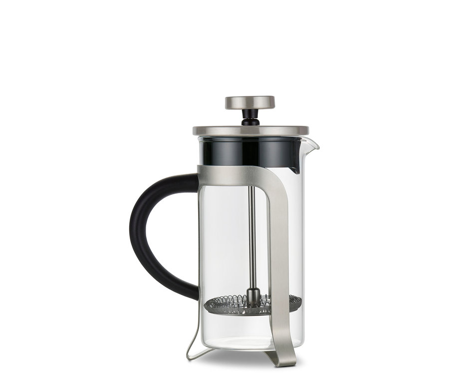 Strieborná kanvica french press s objemom 300 ml pre 2 šálky.