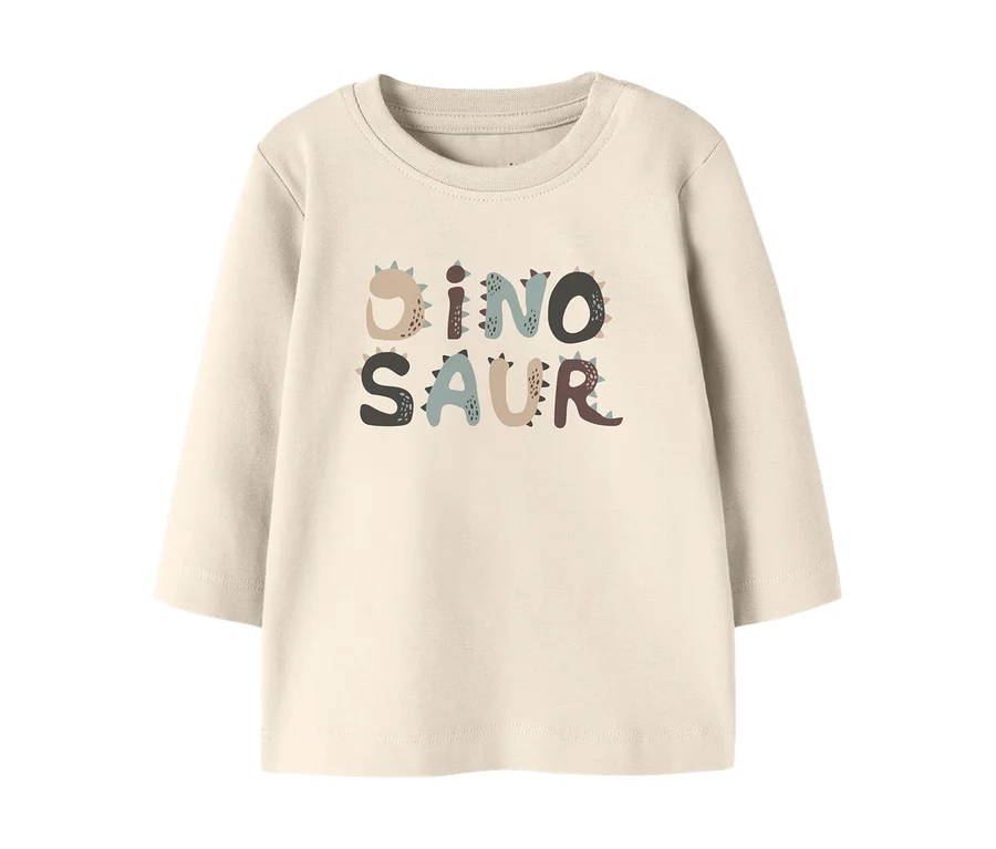 Krémové detské tričko s dlhým rukávom s viacfarebným nápisom „DINOSAUR“.