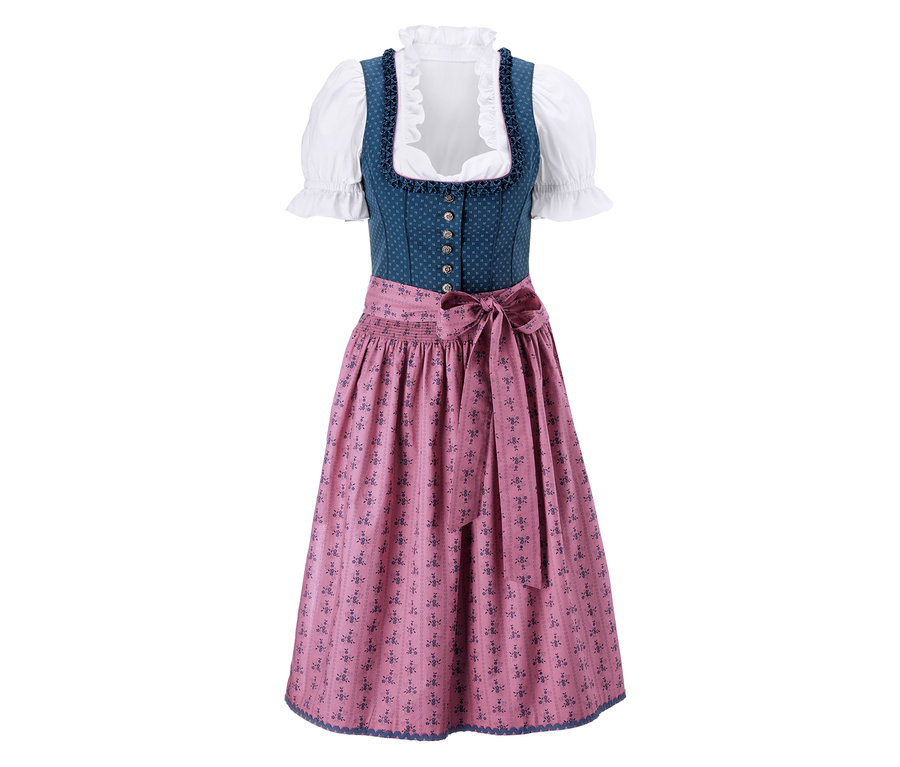 Dirndl s modrým živôtikom, bielou blúzkou a ružovou sukňou.