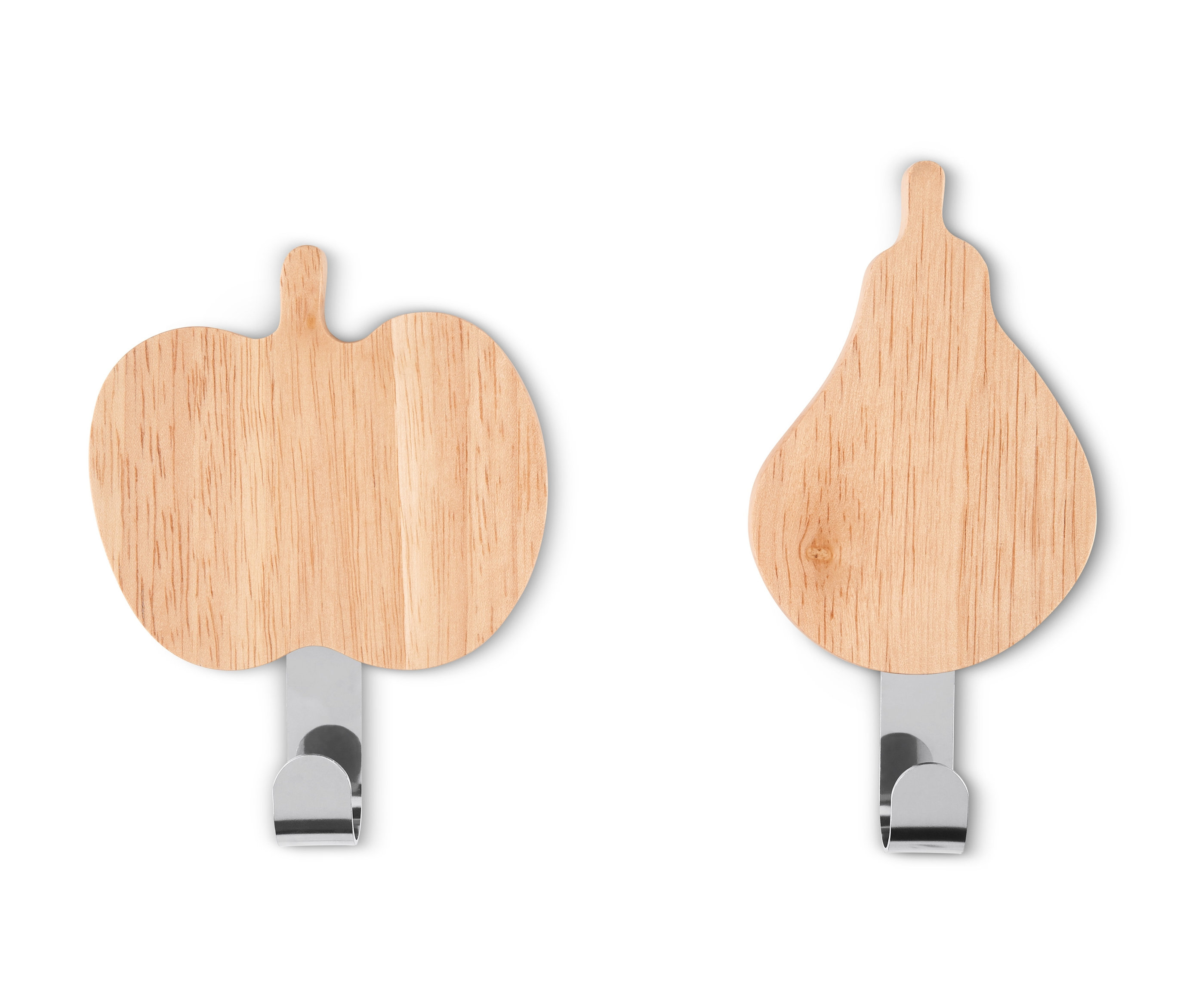 Dva nástenné háčiky: jeden v tvare jablka, druhý v tvare hrušky.