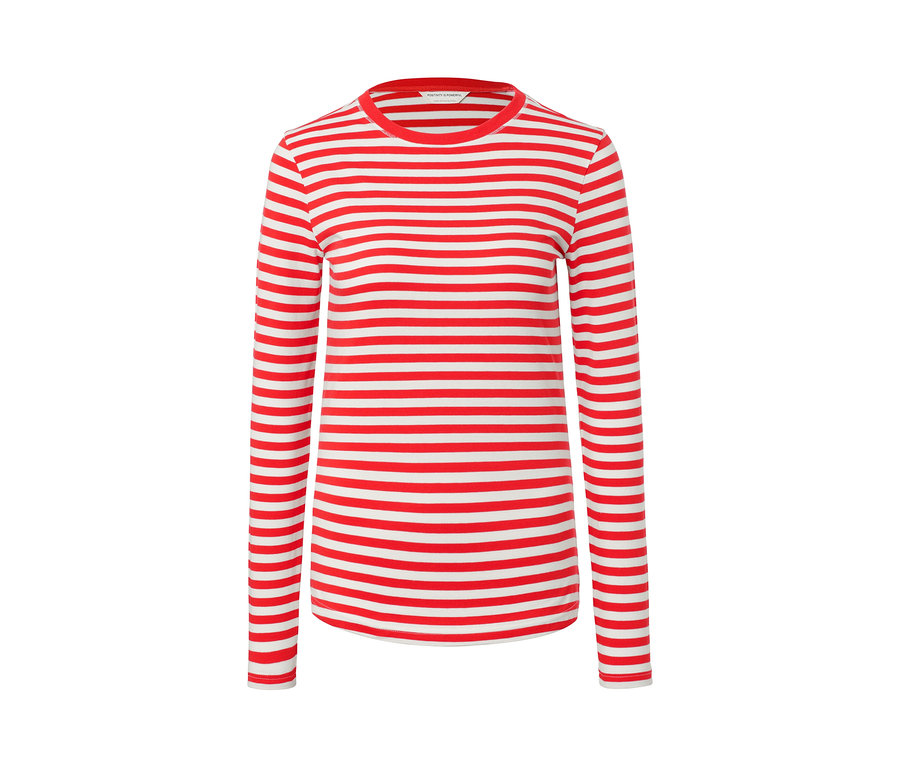 Červeno-biele prúžkované tričko s dlhým rukávom.
