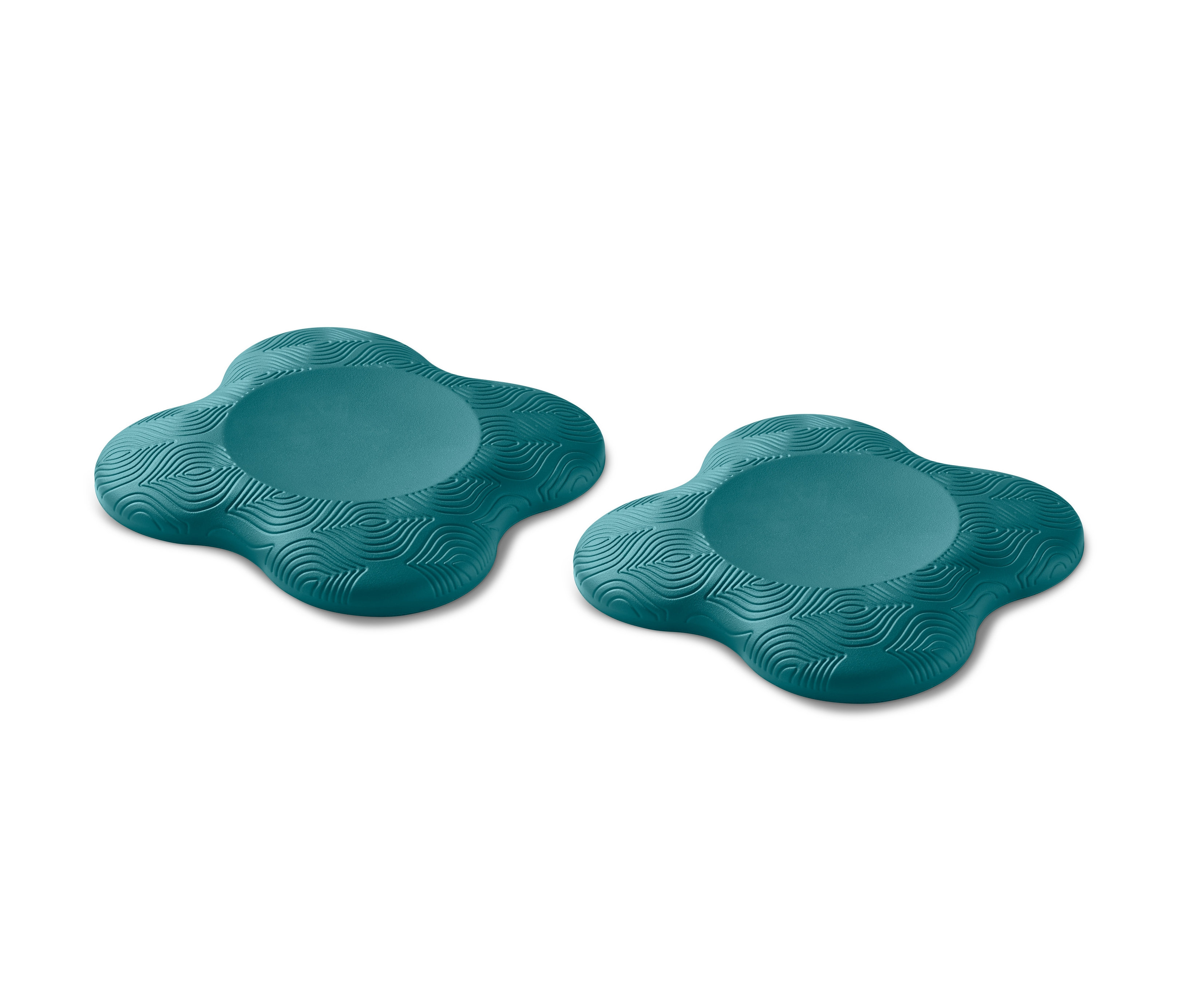 Dve multifunkčné podložky na jogu a fitness v tyrkysovej farbe s reliéfnym vzorom.