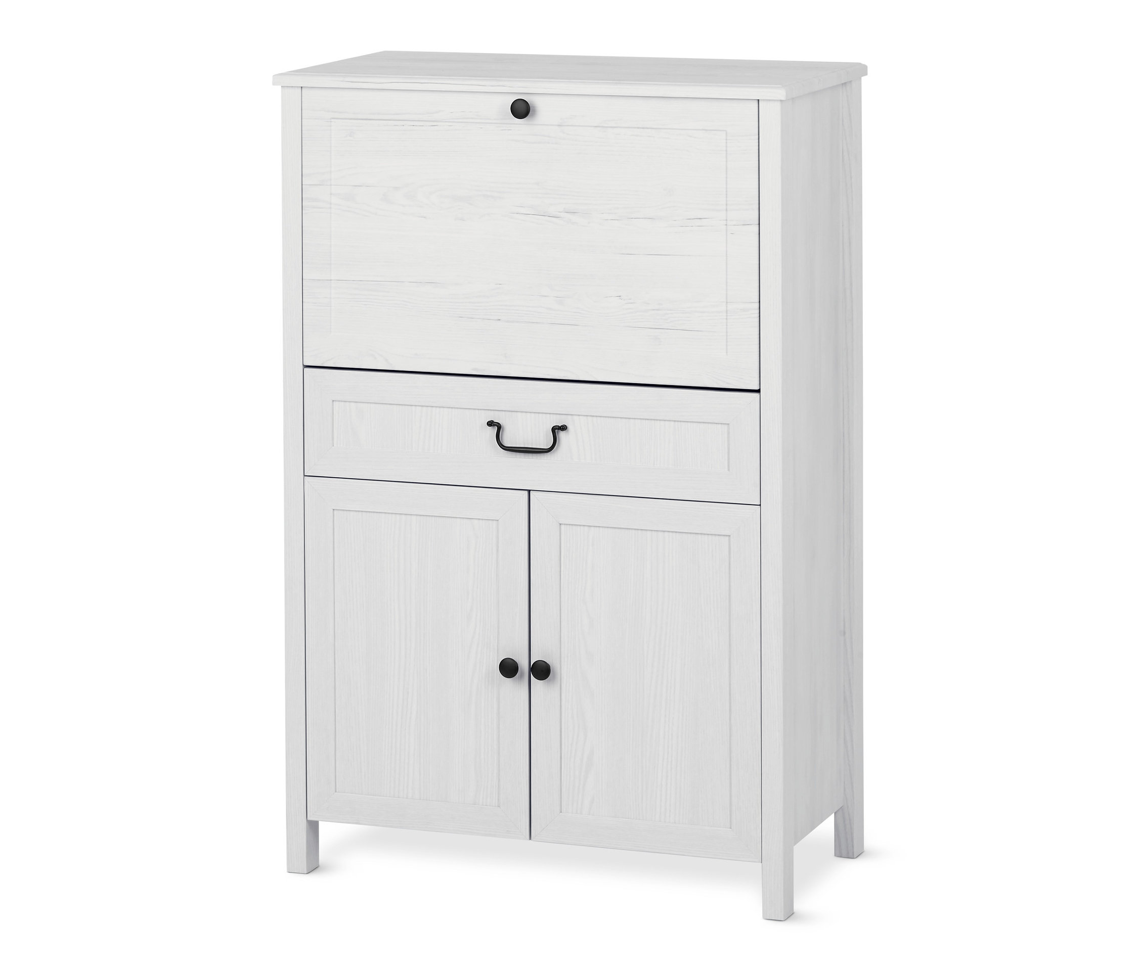 Biela kancelárska skriňa s výklopnou doskou a dvierkami v spodnej časti.