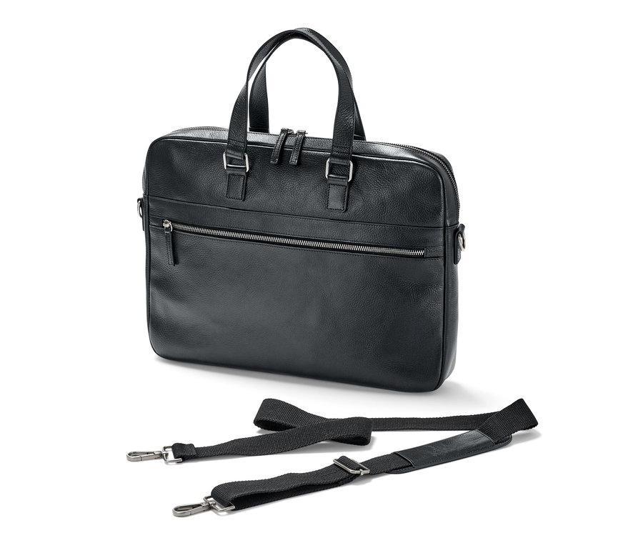 Čierna kožená aktovka s odnímateľným popruhom.
