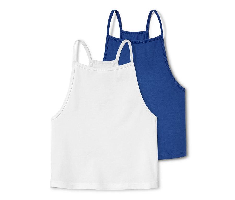 Dva topy z biobavlny: biely a modrý.