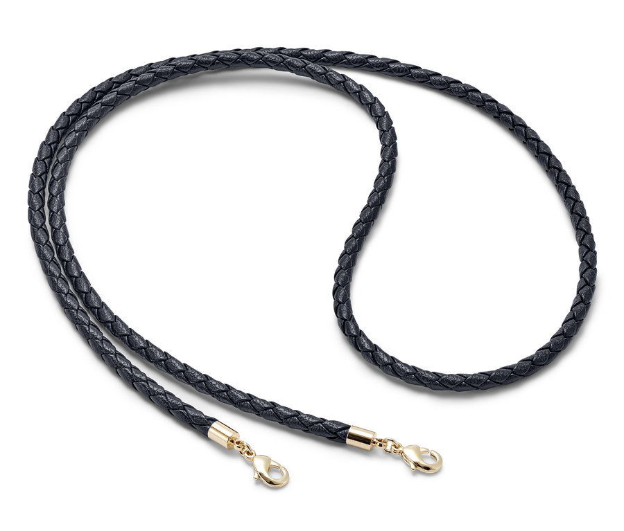 Čierna multifunkčná retiazka s pleteným dizajnom a zlatými karabínkami.