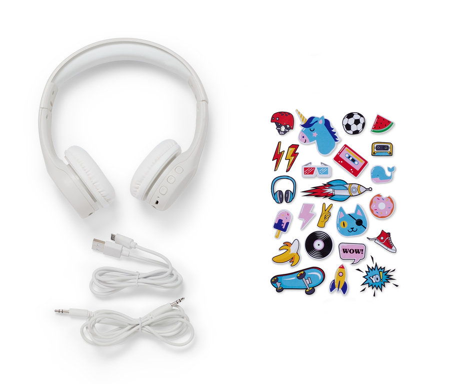 Biele bezdrôtové slúchadlá s Bluetooth® pre deti a sada nálepiek.