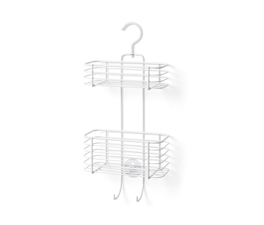 Závesný regál do sprchy s dvoma policami a háčikmi.