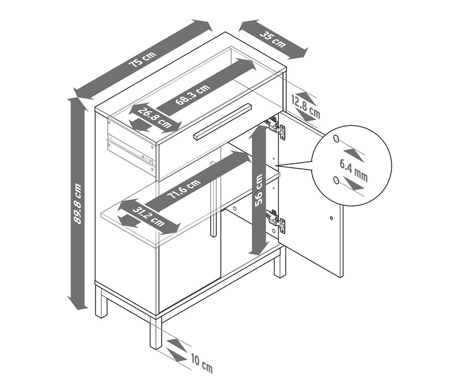 Diagram znázorňuje rozmery odkladacej skrinky do kúpeľne Eklund s jedným šuplíkom a dvierkami.