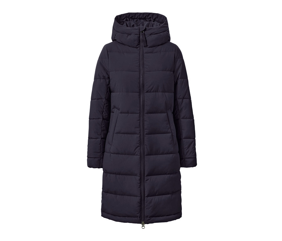 Modrý prešívaný kabát s kapucňou na zips.