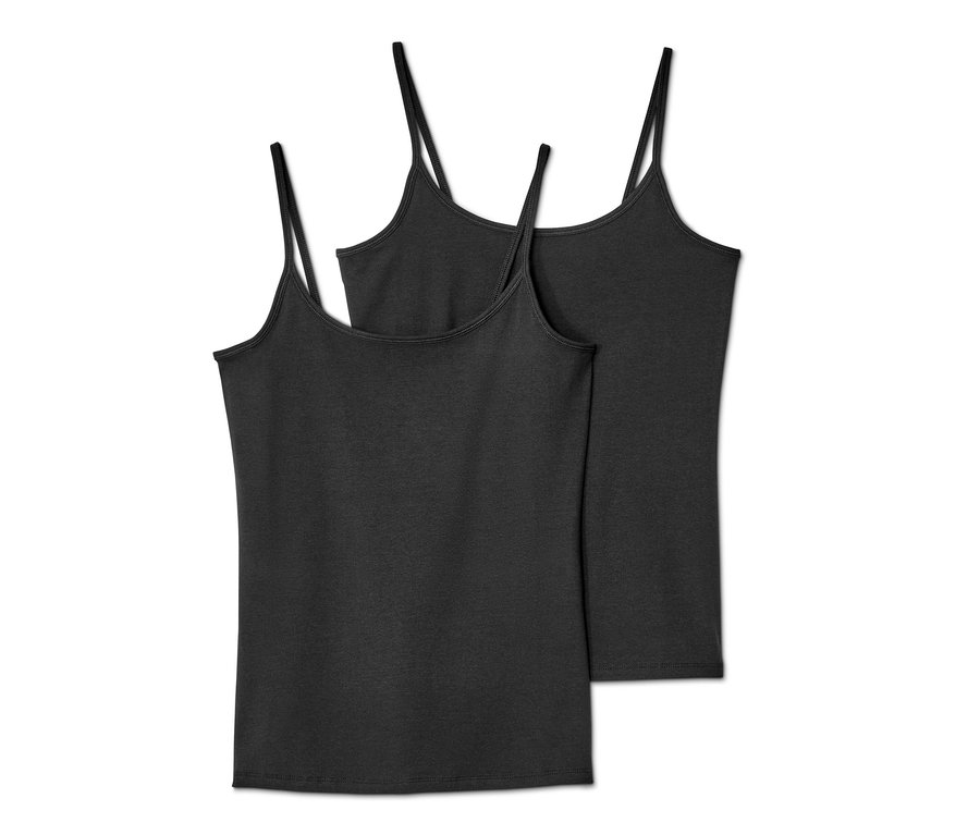 Dve čierne tielka so špagetovými ramienkami, 2 ks, ležia na sebe.