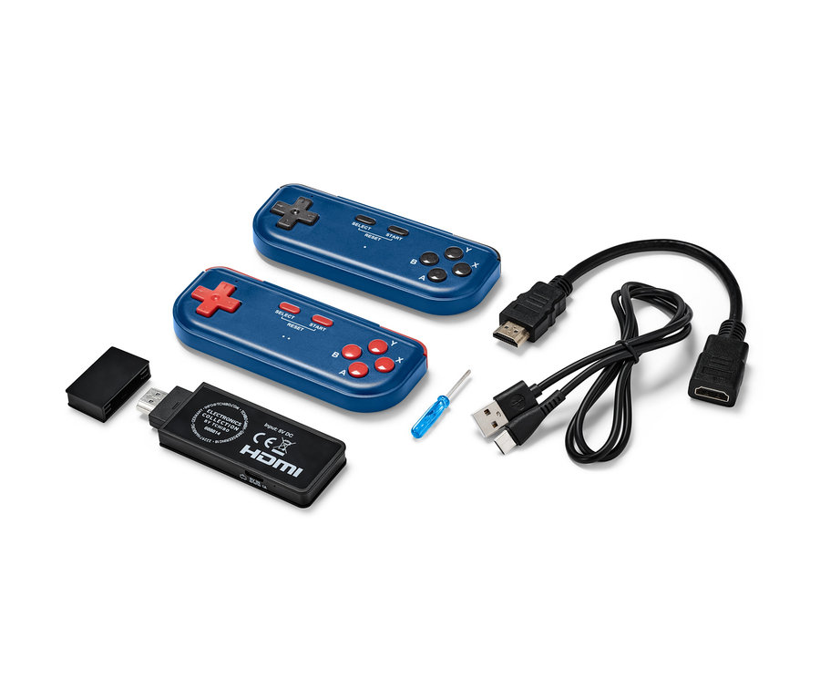 Dva modré retro herné ovládače k TV, HDMI kábel, USB kábel a čierna hardvérová konzola.