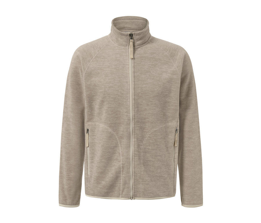 Flísová bunda béžovej farby so zipsom.