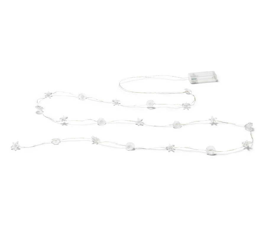 Svetelná reťaz s mikro LED »Mušle« na bielom pozadí.