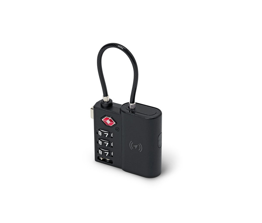 Čierny inteligentný TSA zámok so sledovacím zariadením, číselným kódom a ohybným káblom.