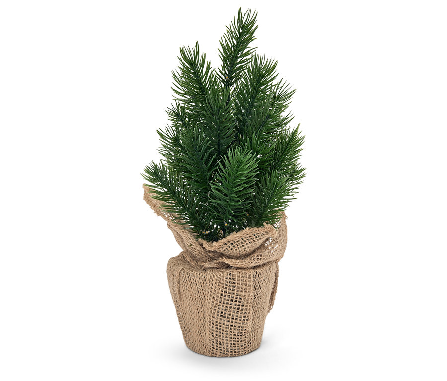 Malý umelý vianočný stromček v jutovom obale.