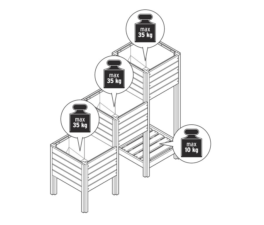 Ilustrácia trojposchodového kvetináča »Tinus« s regálom naspodku, pričom každé poschodie má inú výšku a nosnosť.