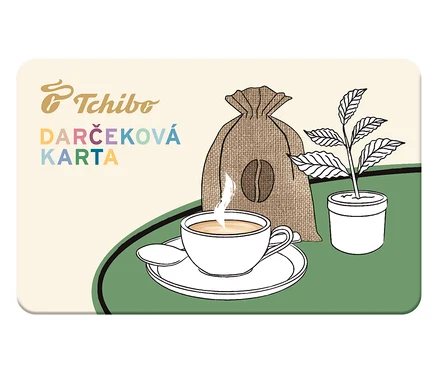 Ilustrácia darčekovej karty Tchibo s kávou, vrecúškom so zrnami a kávovou rastlinou.