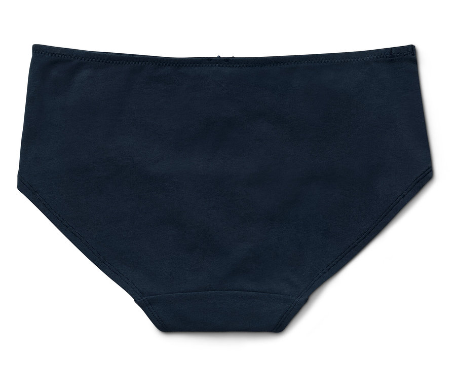 Detailný záber na tmavomodré dámske nohavičky na bielom pozadí.