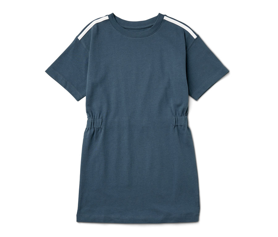 Modré detské hrubé džersejové šaty s bielymi pruhmi na ramenách.