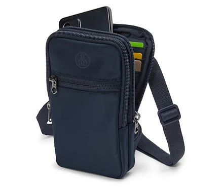 Tmavomodrá crossbody kabelka s telefónom a kartami.